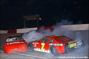 Sunoco Polesitter (16) Wayne Grubb spun in turn four after a tangle with (7) Kevin McCurry in the Anderson 150 UARA Late Model Stock Car 