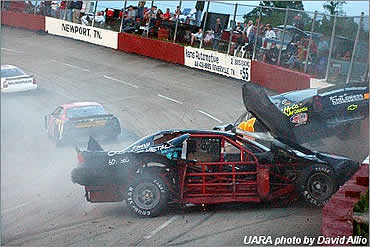 The first of three red flag incidents came on the opening lap of the Ashley Nicole Dream Playground 150 at Newport Speedway as the UARA Late Model Stock Cars of (25) Nick Hutchins and (2) Brian Payne tangled in turn one